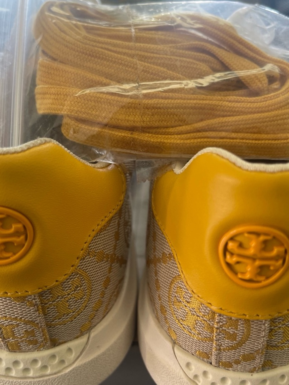 Tory Burch Cream and Mustard Logo Jacquard Sneakers - Picture 6 of 7